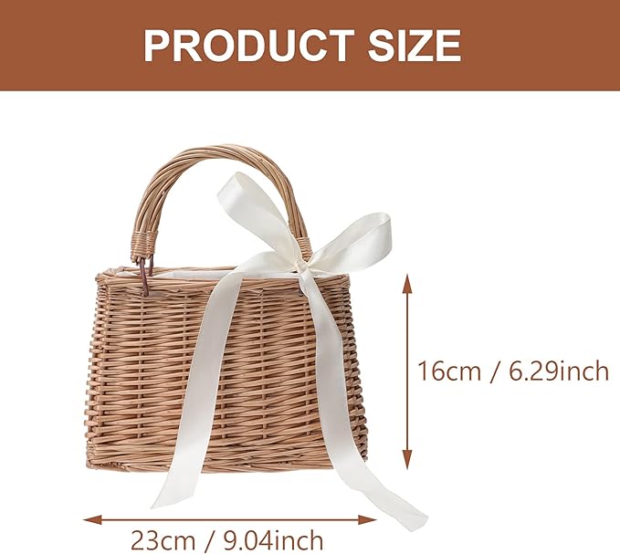 Flower Girl Basket Boho Style Rattan Baskets with White Ribbon for Weddings, Classic Wicker Handbag Basket Purse Baskets Bags Women Straw Tote with Handle