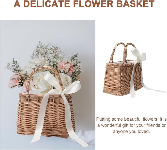 Flower Girl Basket Boho Style Rattan Baskets with White Ribbon for Weddings, Classic Wicker Handbag Basket Purse Baskets Bags Women Straw Tote with Handle
