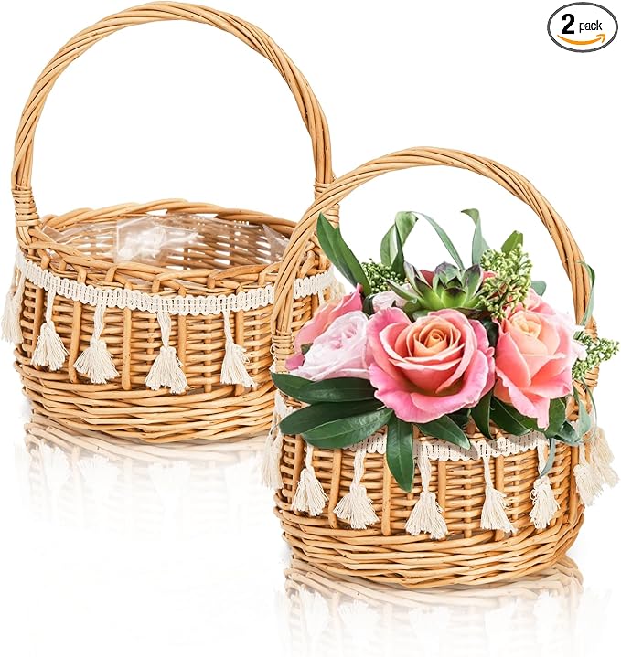 2 Pack Flower Girl Basket, Small Wicker Basket with Silk Petals, White Ribbon, Plastic Liner, Decorative Woven Willow Rattan Basket for Wedding, Gifts, Camping, Home Decor