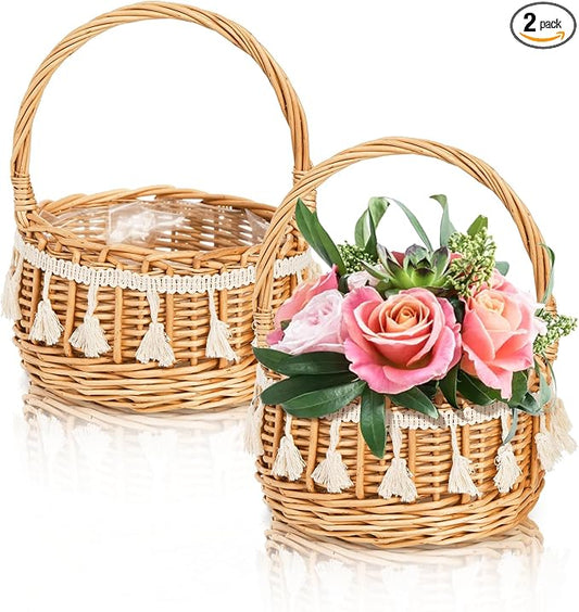 2 Pack Flower Girl Basket, Small Wicker Basket with Silk Petals, White Ribbon, Plastic Liner, Decorative Woven Willow Rattan Basket for Wedding, Gifts, Camping, Home Decor