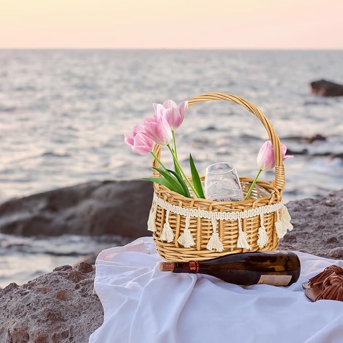 2 Pack Flower Girl Basket, Small Wicker Basket with Silk Petals, White Ribbon, Plastic Liner, Decorative Woven Willow Rattan Basket for Wedding, Gifts, Camping, Home Decor