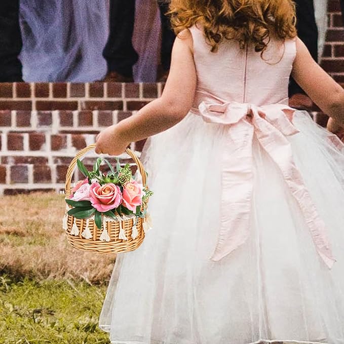 2 Pack Flower Girl Basket, Small Wicker Basket with Silk Petals, White Ribbon, Plastic Liner, Decorative Woven Willow Rattan Basket for Wedding, Gifts, Camping, Home Decor