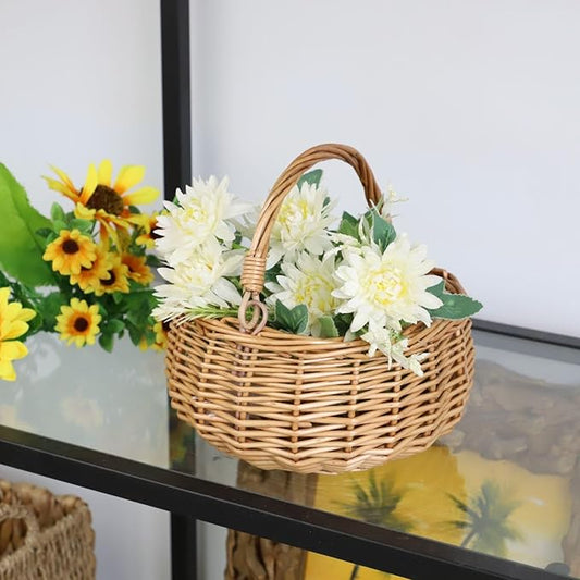 Small Gift Wicker Picnic Basket with Handle,Willow Flower Girl Basket for Weddings,Garden and Home Decor -Wicker Storage Basket-Natural