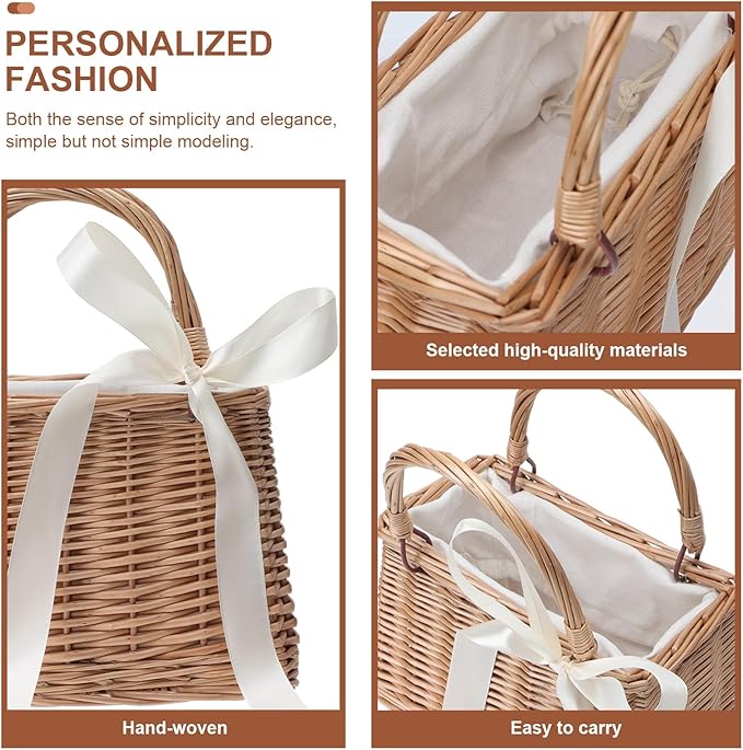 Flower Girl Basket Boho Style Rattan Baskets with White Ribbon for Weddings, Classic Wicker Handbag Basket Purse Baskets Bags Women Straw Tote with Handle