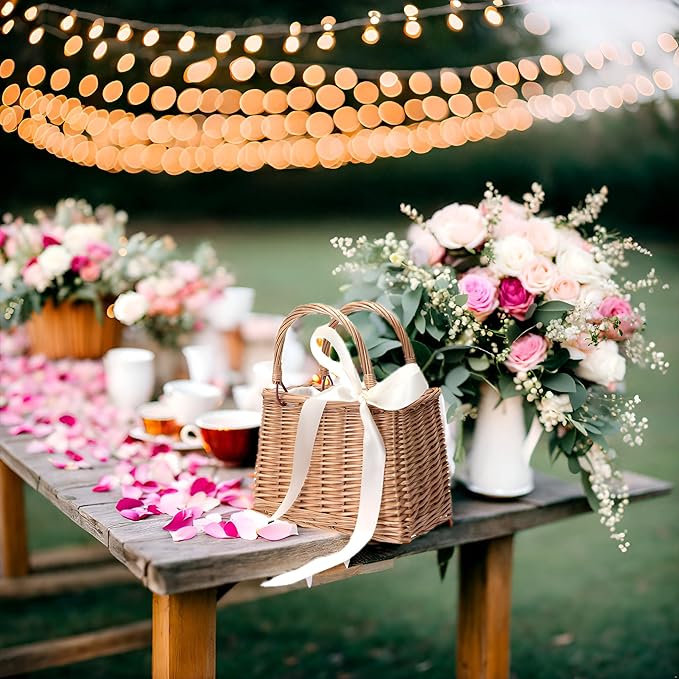 Flower Girl Basket Boho Style Rattan Baskets with White Ribbon for Weddings, Classic Wicker Handbag Basket Purse Baskets Bags Women Straw Tote with Handle